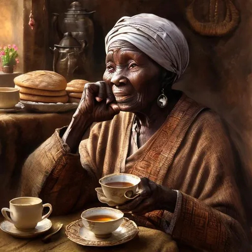 Prompt: African old lady enjoying tea with bread, warm traditional feel, realistic oil painting, wrinkled and wise expression, cozy setting, detailed traditional clothing, high quality, realistic, warm tones, detailed texture, traditional, cozy atmosphere, tea and bread, elderly woman, serene mood