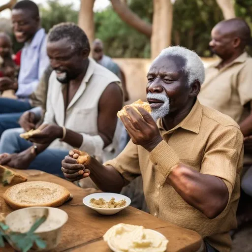 Prompt: an African old man eating bread spread with butter 
