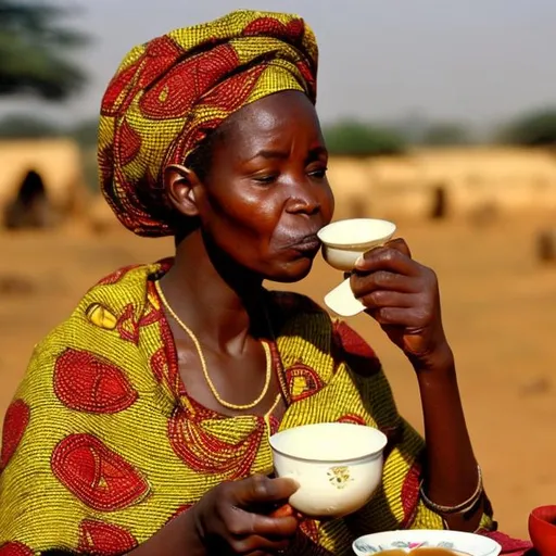 Prompt: An African lady drinking tea with a buttered bread in East Africa