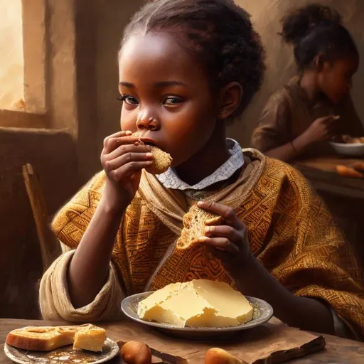 Prompt: African girl eating bread with butter, warm and earthy tones, natural lighting, traditional clothing, detailed facial features, oil painting, cozy atmosphere, high quality, realistic, warm tones, traditional, detailed hands, serene expression