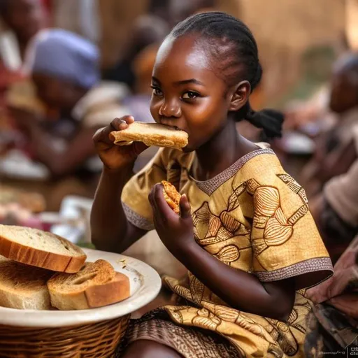 Prompt: African girl eating bread with butter, warm and earthy tones, natural lighting, traditional clothing, detailed facial features, oil painting, cozy atmosphere, high quality, realistic, warm tones, traditional, detailed hands, serene expression