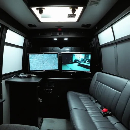 Prompt:  inside a private detective surveillance vehicle the vehicle has been adapted to be inconspicuous with tinted windows there's cameras set up on the inside perhaps curtains this is a look inside of a surveillance vehicle Maryland private detective