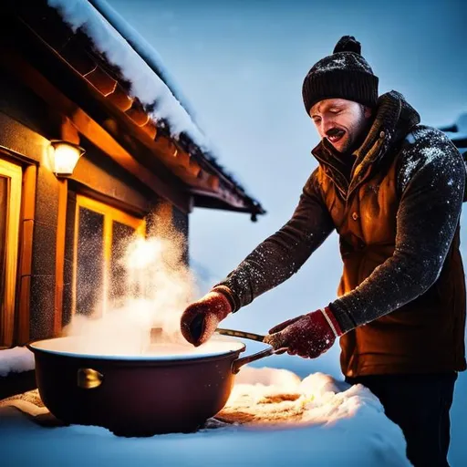 Prompt: Man stirring a pot of cocoa outside
in winter and looking up