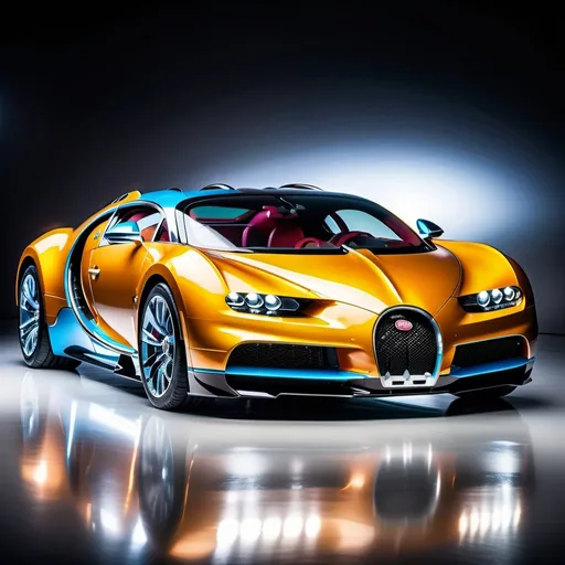 Prompt: Sleek, futuristic Bugatti sports car, vibrant metallic paint, dynamic speed, luxurious interior, high-end automotive photography, high quality, hyper-realistic, luxury, sports car, vibrant colors, dynamic movement, polished finish, professional lighting