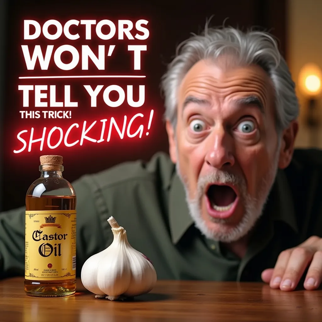 Prompt: Một thumbnail YouTube đầy kịch tính, hiển thị một chai dầu thầu dầu (có nhãn "Castor Oil") bên cạnh củ tỏi tươi đặt trên bàn gỗ. Một người đàn ông lớn tuổi tóc bạc đang nhìn với vẻ mặt sốc và ngạc nhiên (mắt trợn tròn, miệng mở to). Nền ảnh có ánh sáng ấm áp và mờ nhẹ. Văn bản nổi bật giữa ảnh ghi: "Doctors WON’T Tell You This Trick!" với từ "SHOCKING!" có hiệu ứng đèn neon đỏ. Thiết kế tương phản cao, thu hút người xem phù hợp cho thumbnail YouTube.