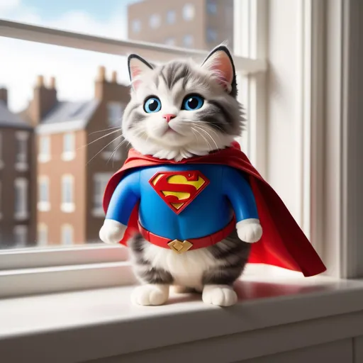 Prompt: In this adorable scene, a fluffy cat dons a bright blue Superman costume, complete with a red cape fluttering in the breeze. The cat stands heroically on a windowsill, its big eyes shining with curiosity and mischief. The iconic 'S' emblem proudly displayed on its chest adds to the charm, making this feline superhero ready to save the day with a playful leap. Sunlight casts a warm glow, highlighting the cat's soft fur and the vibrant colors of its outfit, creating a delightful and heartwarming image