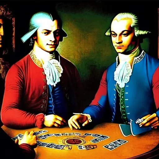 Prompt: Wolfgang Amadeus Mozart and Leonardo da Vinci playing poker
