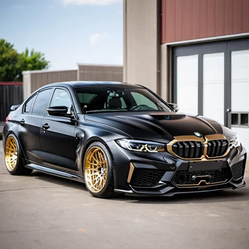 Prompt: black bmw m3 g80 in with custom gold wheels
