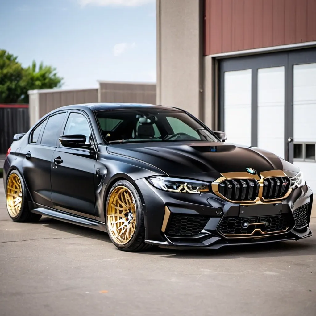 Prompt: black bmw m3 g80 in with custom gold wheels
