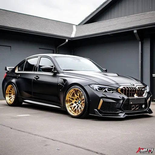 Prompt: black bmw m3 g80 in with custom gold wheels
