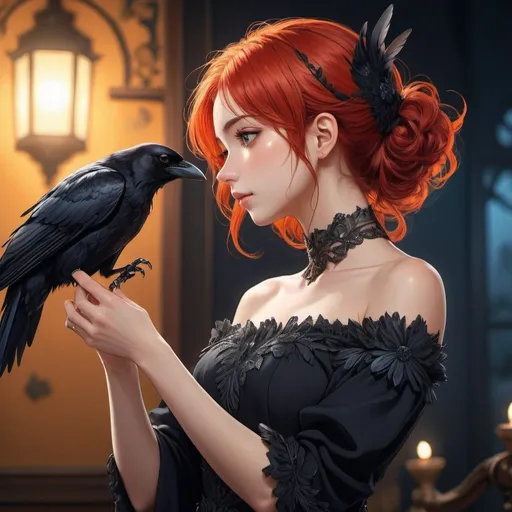 Prompt: Anime girl with red hair, wearing Off-Shoulder Neck Crepe dress, crow perched on the finger, detailed drawing, vibrant colors, anime, profile picture, elegant, intricate details, highres, professional, atmospheric lighting