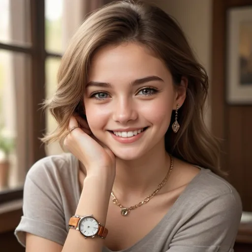 Prompt: (1 girl), realistic smile, (upper body) portrait, (looking at viewer), grey eyes, elegant jewelry, bracelet on wrist, stylish wristwatch, shimmering wristband, soft natural lighting, warm colors, cozy and inviting atmosphere, ultra-detailed, high quality, lifelike expression, capturing the essence of beauty and confidence.