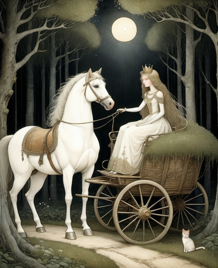 Prompt: (cat and princess on a horse), (cat in a cart), enchanted woods, beams of light illuminating a charming house at the path's end, (John Bauer inspired), magical realism, dark fantasy atmosphere, whimsical, intricate details, storybook illustration, ethereal lighting, lush greenery, 16:9 aspect ratio, high quality, ultra-detailed, captivating and imaginative.