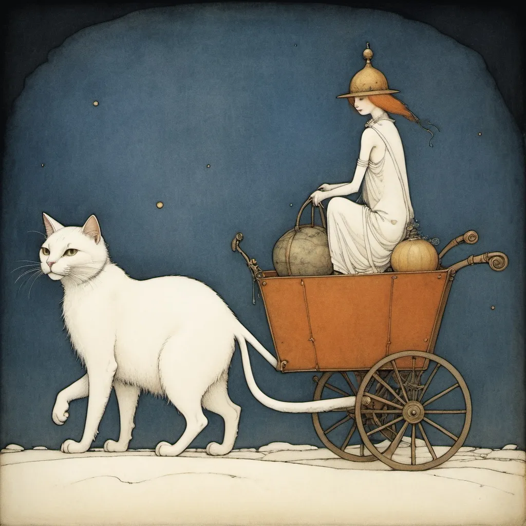 Prompt: John Bauer style illustration of an anthropomorphic cat carrying a cart