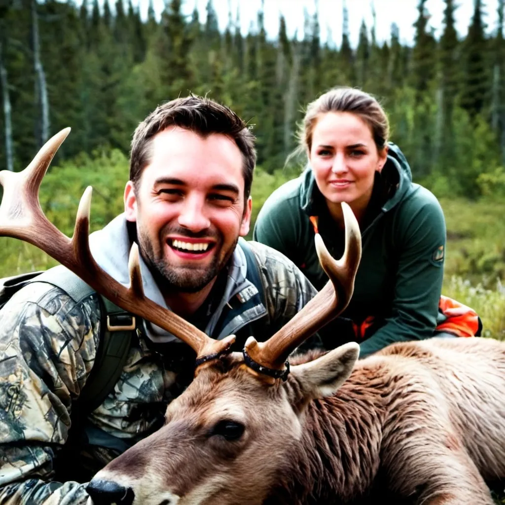 Prompt: Show this couple in a hunting photo in Alaska with a caribou and a grizzly bear.