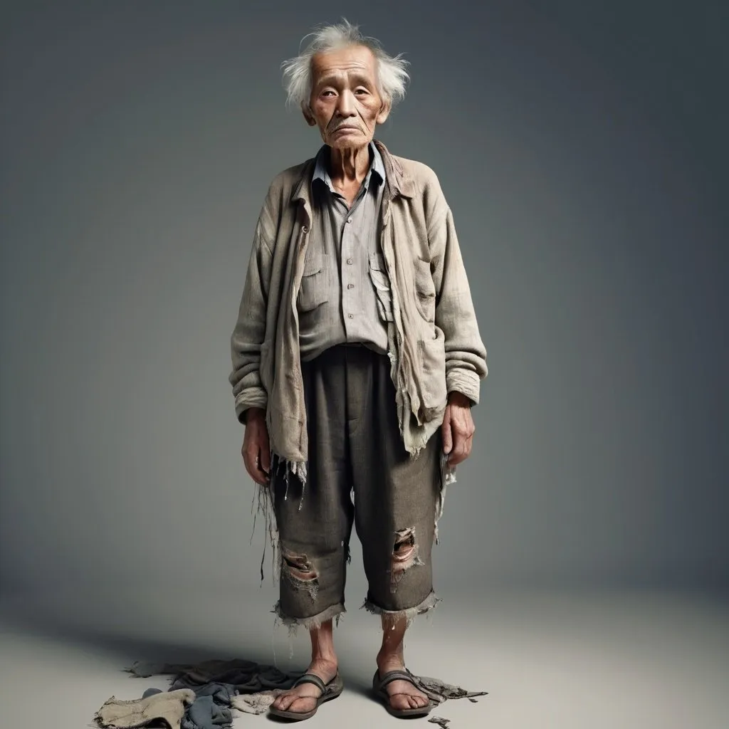 Prompt: "Translate into English and create an AI-generated image of an old, poor person wearing tattered clothes."
