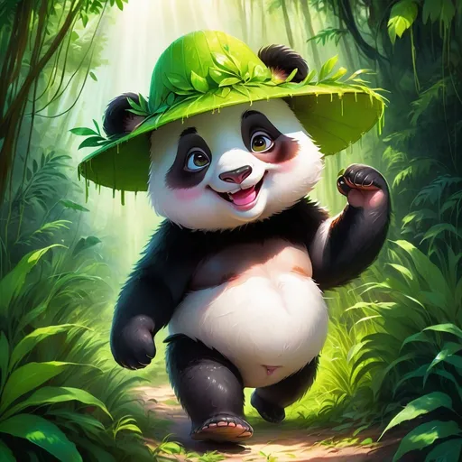Prompt: Panda wearing hat walking in lush jungle, happy smile, vibrant colors, detailed fur with soft texture, high quality, digital painting, cheerful, playful, lush green tones, warm sunlight filtering through the foliage, adorable, detailed facial features, professional, atmospheric lighting