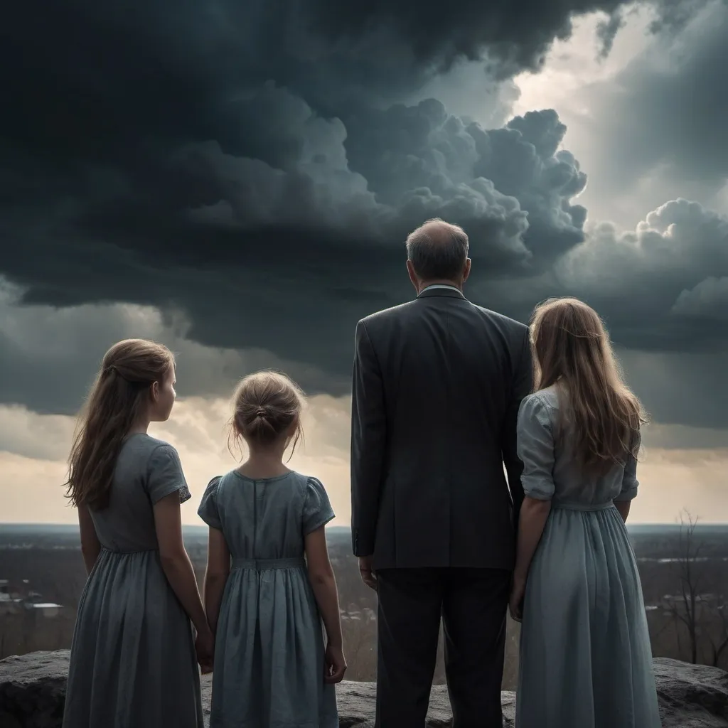 Prompt: (heartbreaking scene) a family gazing towards the heavens, expressions of sorrow and longing, tears flowing, capturing deep emotion, ethereal light shining from above, a stark contrast to a dark, ominous underworld below, delicate clouds framing the family, serene yet troubled atmosphere, sense of hope and despair, highly detailed and emotional, stunning colors creating a poignant effect, 4K resolution. But one of the family is going to other way to hell and they are looking at him in a sad way
