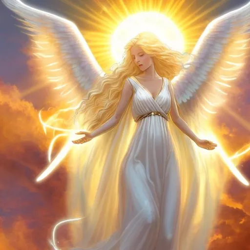Prompt: Please create an illustration that represents the woman of the sun in the bible, revelations, chapter 12, with angel wings and a bright light behind her, make her beautiful with blonde flowing hair and smaller angels under her. 
