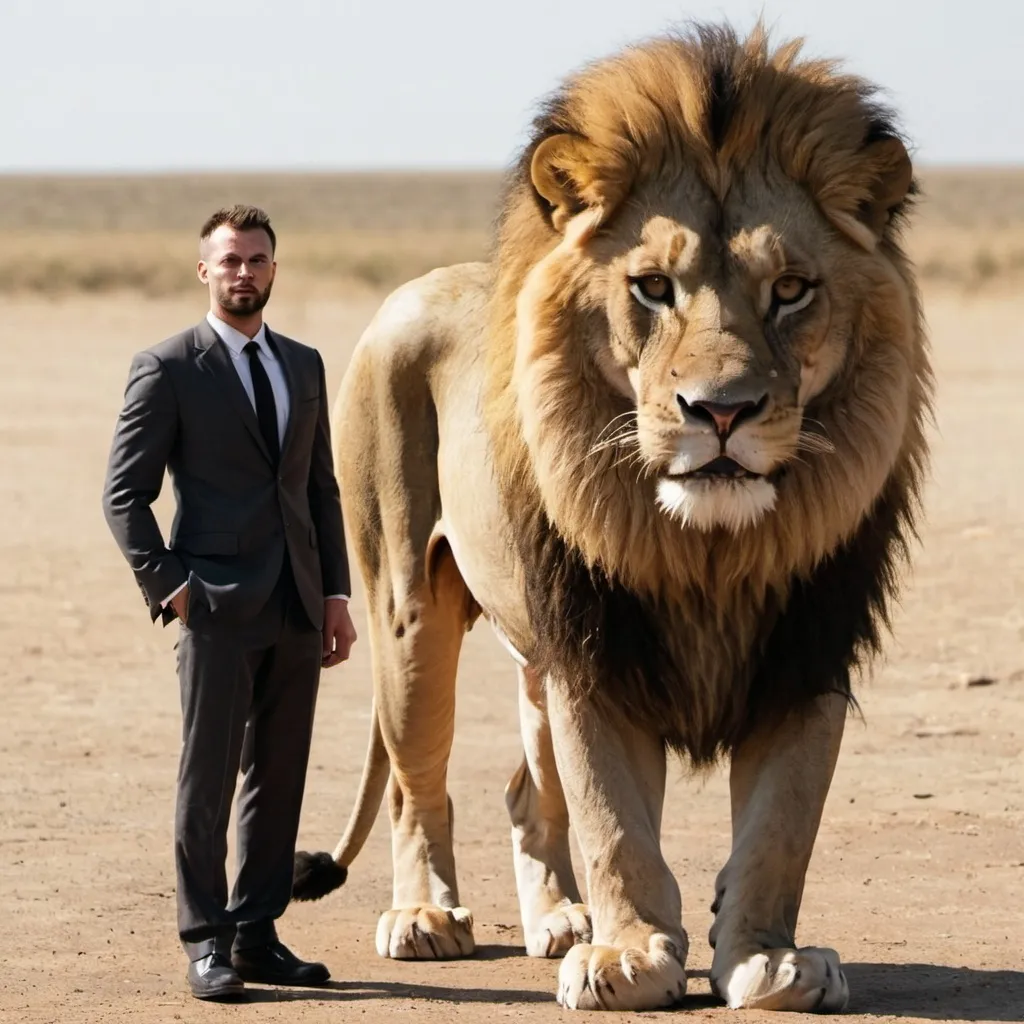Prompt: A man standing wearing a suit near by a mighty lion
