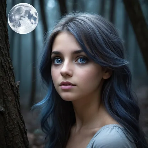 Prompt: "Imagina una escena en la que una joven de cabello azul oscuro, con mechones m�s claros que parecen reflejar la luz de la luna, se encuentra en un bosque en la noche. Su cabello, medio largo y ligeramente ondeado, cae en cascada sobre sus hombros y se mezcla con las sombras del bosque. Sus ojos grises, como la neblina matutina, brillan con una calma misteriosa bajo la luz de la luna. Su tez blanca parece resplandecer en contraste con la oscuridad del entorno. Detr�s de ella, los �rboles se entrelazan formando un dosel oscuro, mientras que unos pocos rayos de luna filtran entre las ramas, iluminando su rostro con un resplandor plateado. La joven mira hacia el horizonte con una expresi�n serena y enigm�tica, como si estuviera en comuni�n con los secretos de la noche."