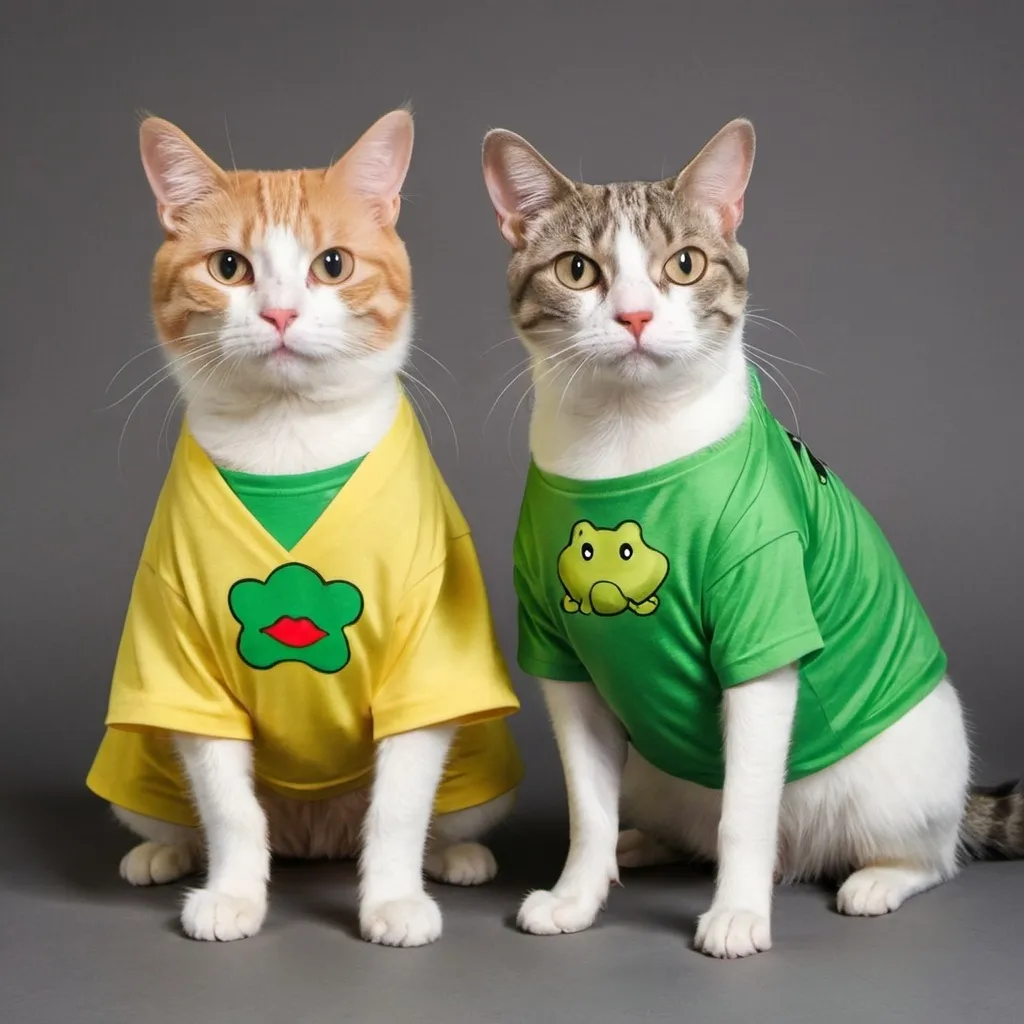 Prompt: A cat dressimg frog and dog dressing shot and t-shirt