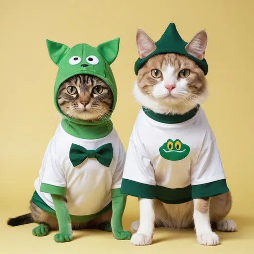 Prompt: A cat dressimg frog and dog dressing shot and t-shirt