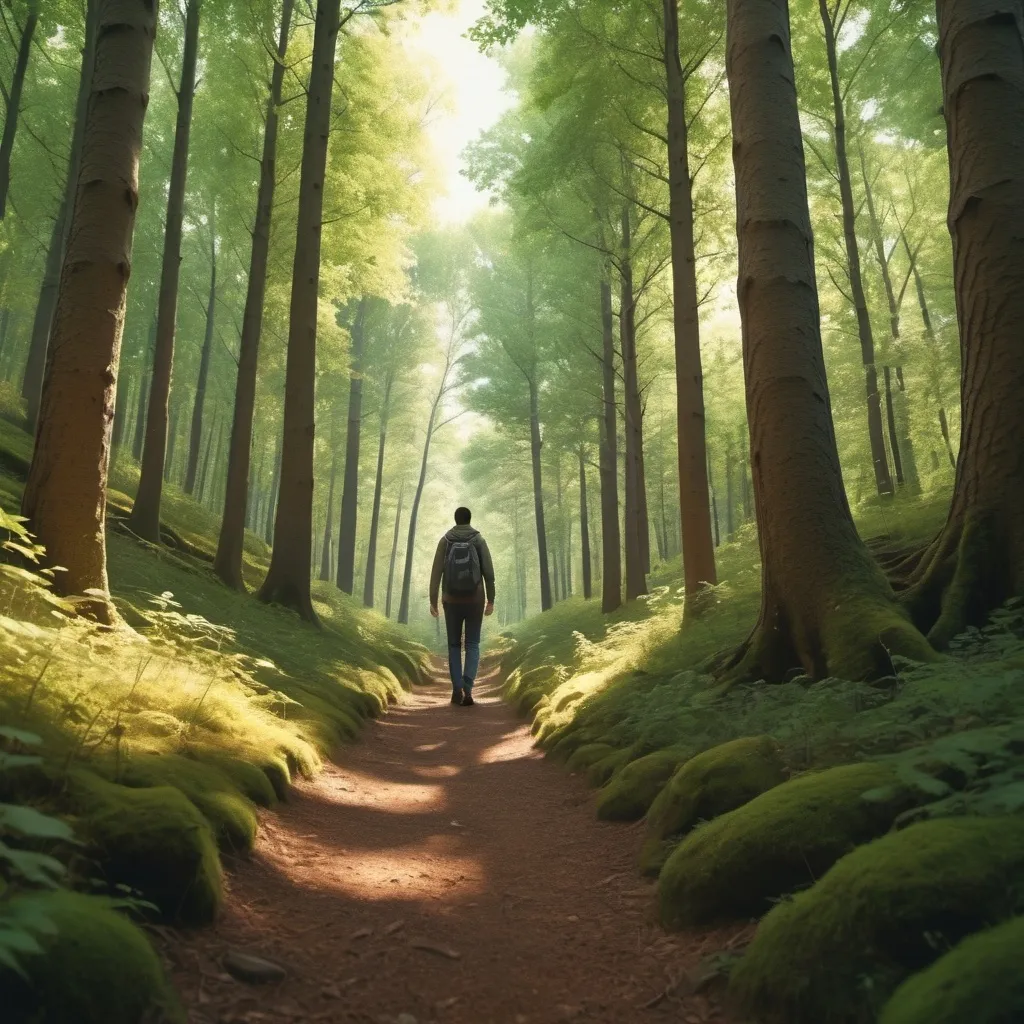 Prompt: (low-angle view of a person walking down a forest path), (video player on scree, bright visuals), Chris LaBrooy, video art, VFX effects, screenshot imagery, serene woods ambiance, dappled sunlight filtering through the trees, warm color tones, high depth, ultra-detailed, cinematic atmosphere, enchanting and peaceful environment.

