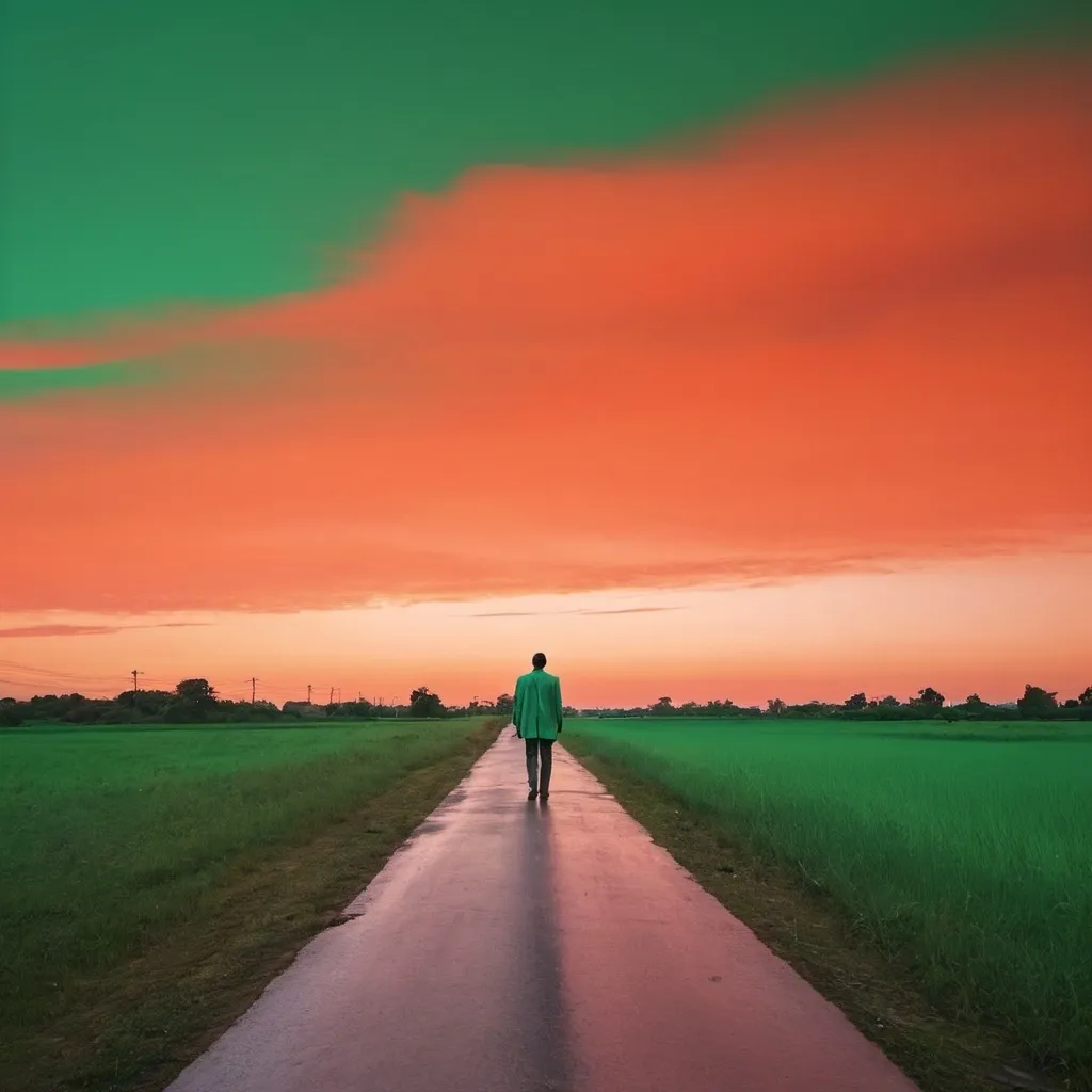 Prompt: Bule,white, red and orange sky and along walking a man with green three two side to road