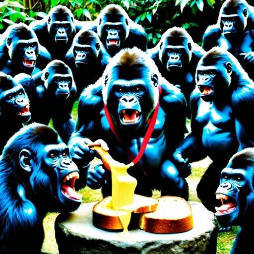 Prompt: An inmense horde of many angry monkeys attacking a zoo.A gorilla spreading butter on a toast.
