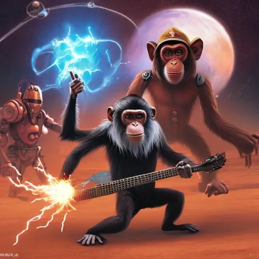 Prompt: A monkey with a wizard's hat fighting against a Robot with an electric guitar appearance, in a planet similar to mars. The robot is double size the monkey
