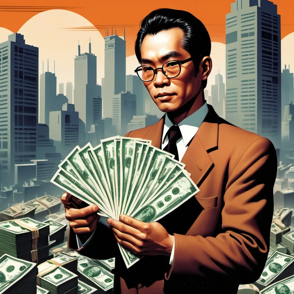 Prompt: a man holding a stack of money in front of a cityscape with the words mogule, Fan Kuan, altermodern, key art, poster art