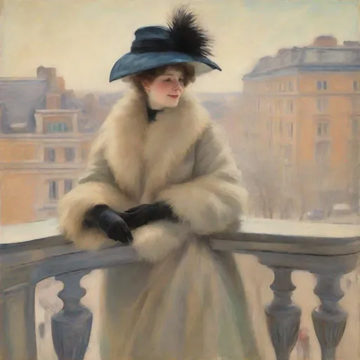Prompt: Mary Cassatt style woman . Impressionist, fur coat and hat, leaning at theatre balcony, looking down, bird's eye view, 19th century luxury, soft colors, loose brushwork