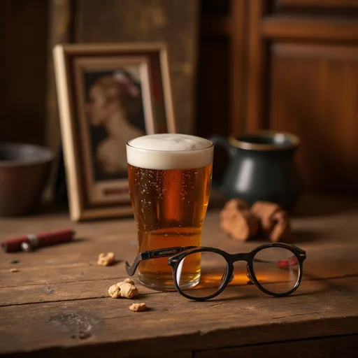 Prompt: (photorealistic) vintage wooden table, foaming glass of beer, pair of round glasses with black frames, cozy atmosphere, warm tones, soft lighting, rich textures of wood, picture frame leaning on the table, wooden-paneled wall, inviting and nostalgic vibe, high-quality detail, 4K resolution, inviting ambiance, layered composition, heartwarming setting.