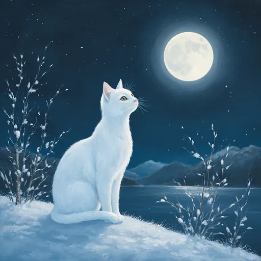 Prompt: Once, in a quiet village nestled between the misty mountains and the tranquil shores of a shimmering lake, there lived a cat named Haru. Haru wasn’t like any other cat in the village. Her coat was as pure as the first snow of winter, her eyes as deep as the endless night sky, and her whiskers shimmered faintly in the moonlight. But it wasn’t just her appearance that made Haru special—it was the mysterious connection she shared with the moon.