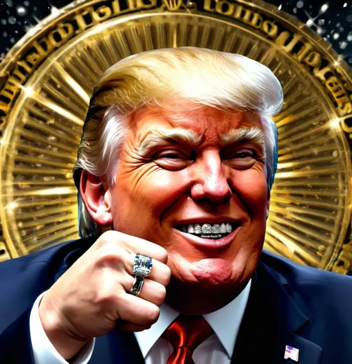 Prompt: Donald Trump with diamond grill, wearing diamond ring on right hand, with raised fist