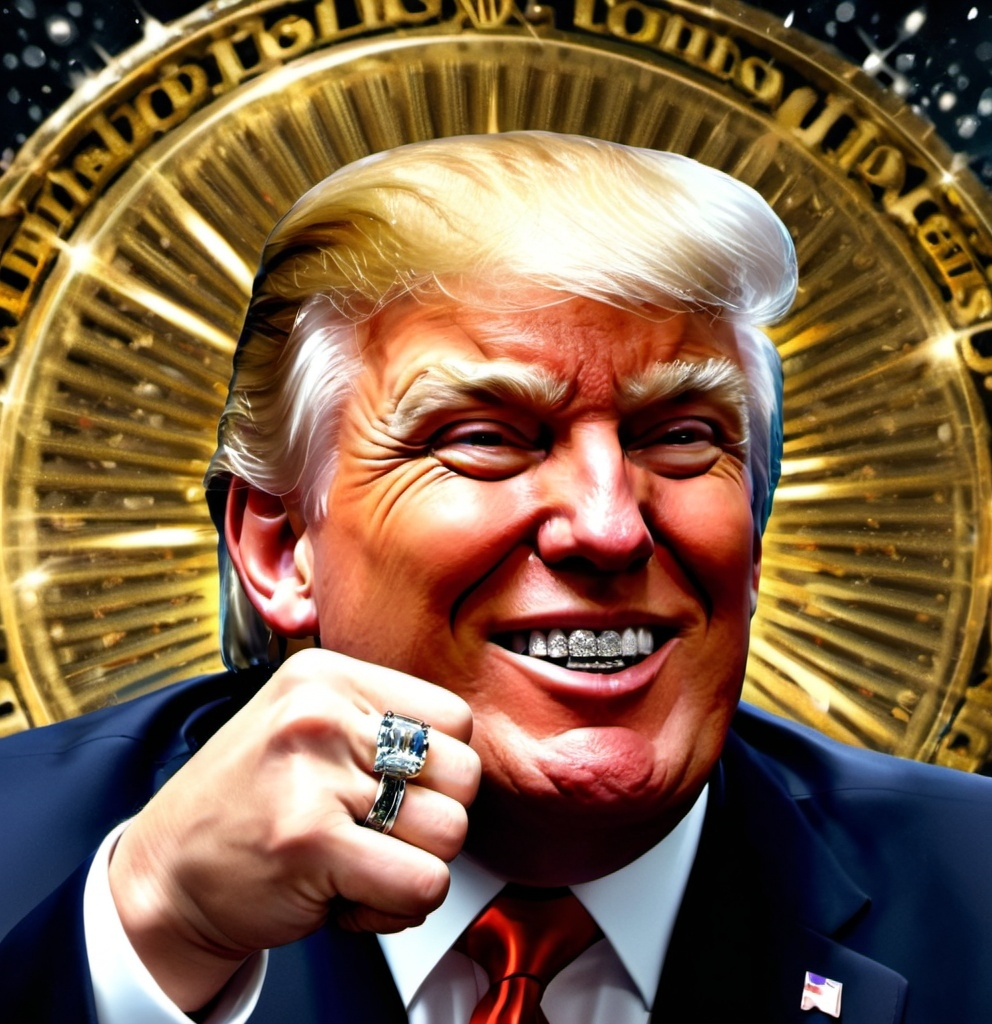 Prompt: Donald Trump with diamond grill, wearing diamond ring on right hand, with raised fist