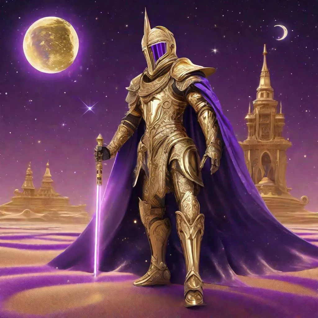 Prompt: A golden knight wearing a space helmet and a purple, flowing cape adorned with intricate, ornate patterns wielding a golden lightsaber while standing on purple sand, with golden stars and a golden, ornate, and intricate crescent moon in the sky.