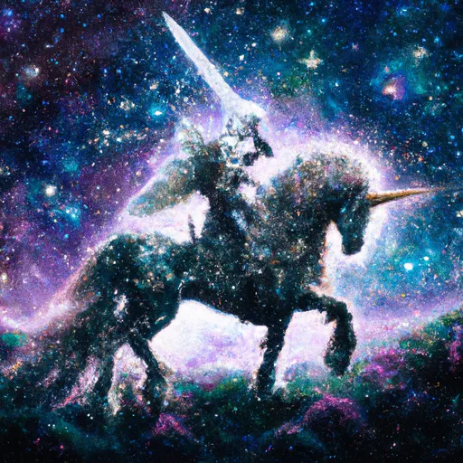 Prompt: Knight riding a star-made unicorn, cosmic materials, shimmering mane and tail, majestic armor with celestial motifs, astral landscape, high quality, fantasy art, vibrant colors, ethereal lighting