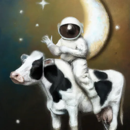 Prompt: A surreal oil painting of an astronaut riding a black and white cow over a vintage crescent moon with a face, detailed spacesuit and cow, whimsical vintage style, dreamy color tones, soft lighting, high quality, surreal, vintage, detailed spacesuit, whimsical, dreamy, soft lighting