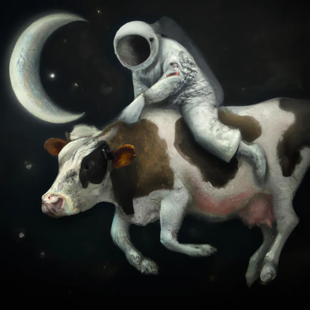 Prompt: A surreal oil painting of an astronaut riding a black and white cow over a vintage crescent moon with a face, detailed spacesuit and cow, whimsical vintage style, dreamy color tones, soft lighting, high quality, surreal, vintage, detailed spacesuit, whimsical, dreamy, soft lighting