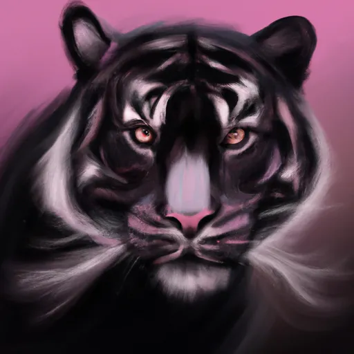 Prompt: Black tiger with pink stripes, realistic digital painting, fierce expression, detailed fur with subtle pink highlights, realistic wildlife portrayal, high quality, detailed, digital painting, wildlife, fierce, pink stripes, intense gaze, professional, atmospheric lighting