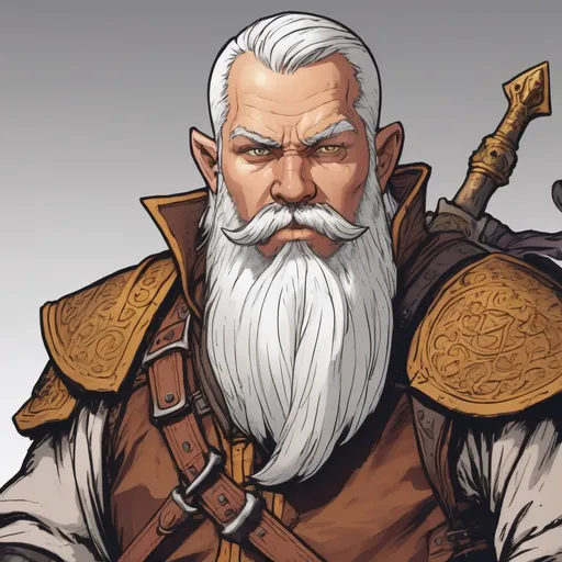 Prompt: Modern comic style, Dungeons & Dragons game. Dwarf. Male. Short white hair. One missing eye. Full bronze plate. Scimitar. Detailed, high 