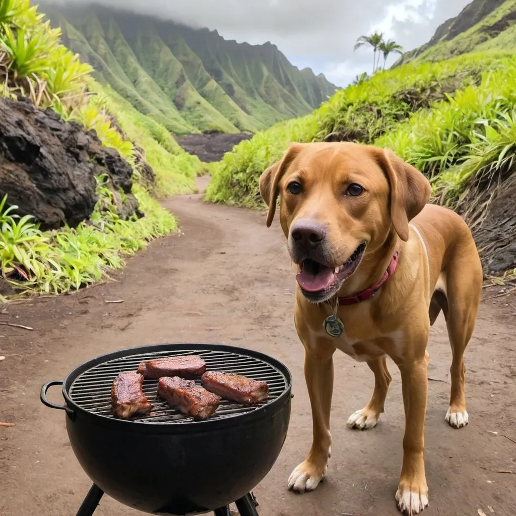 Prompt: A dog eating bbq and exploring trails in Hawaii.