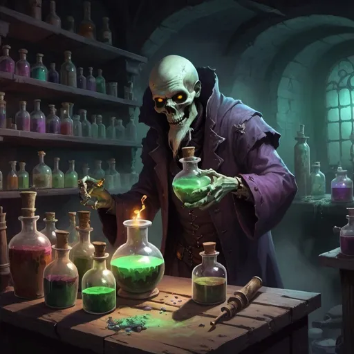 Prompt: An undead apothecary brewing potions in his underground laboratory.