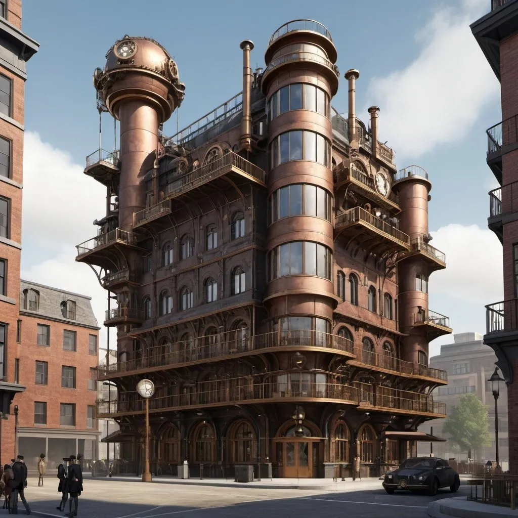 Prompt: Steampunk society, modern architecture, high res, photorealistic, daytime