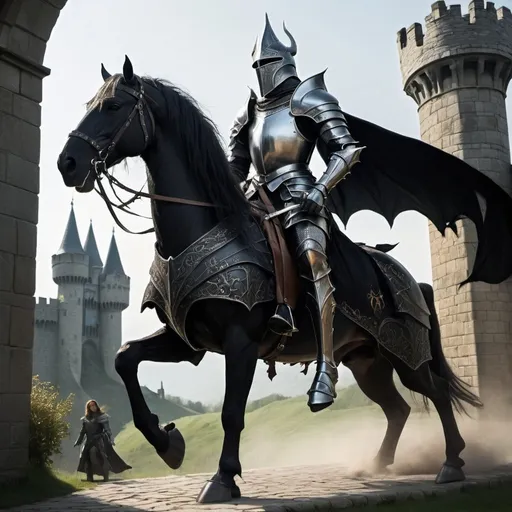 Prompt: A very tall knight, in black elven armor, riding a mythical beast, arriving at the castle gates.