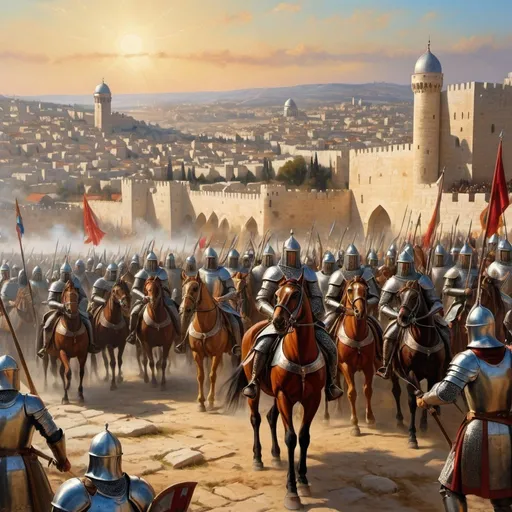 Prompt: King Baldwin IV's crusader army meeting Arabic army on the battlefield, Jerusalem in the background, medieval oil painting, detailed armor and weaponry, majestic Jerusalem skyline, epic battle scene, historical artwork, vibrant colors, intense lighting, high quality, oil painting, medieval, historic, detailed armor, epic battle, majestic Jerusalem, vibrant colors, intense lighting