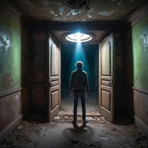 Prompt: A person discovering a portal to another world in the basement of an abandoned mansion, high res, mysterious, enchanting, vibrant, adventure,