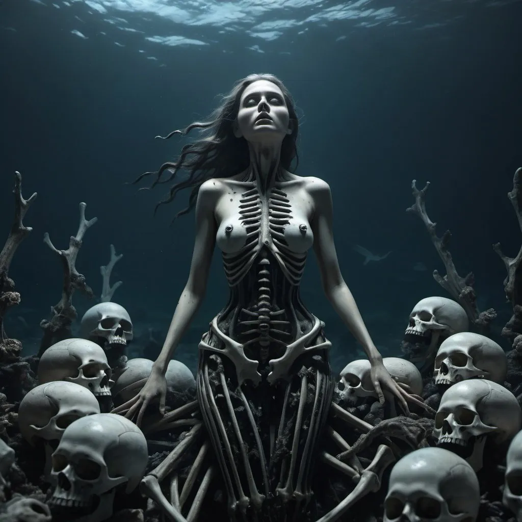 Prompt: A siren surrounded by the bones and the bodies of her victims at the bottom of the ocean. Unnerving, eerie, dark, atmospheric, murky, 4k, photorealistic